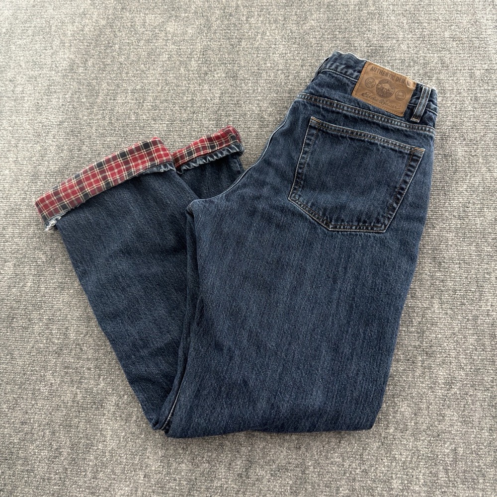 Eddie Bauer Plaid Flannel Lined Straight Fit Jeans Men 34x32 Blue